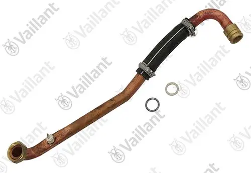 Kupferrohr von Vaillant mit Gummibeschichtung und Verbindungselementen, geeignet für Heizungsanwendungen. Enthält zwei Dichtungen und eine Klemmvorrichtung.